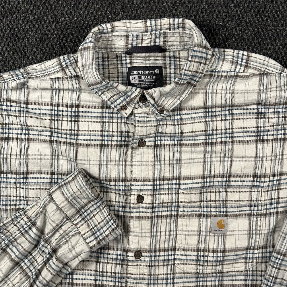 Carhartt Men's Midweight Flannel Shirt 3XT Tall Relaxed Fit White Plaid Workwear